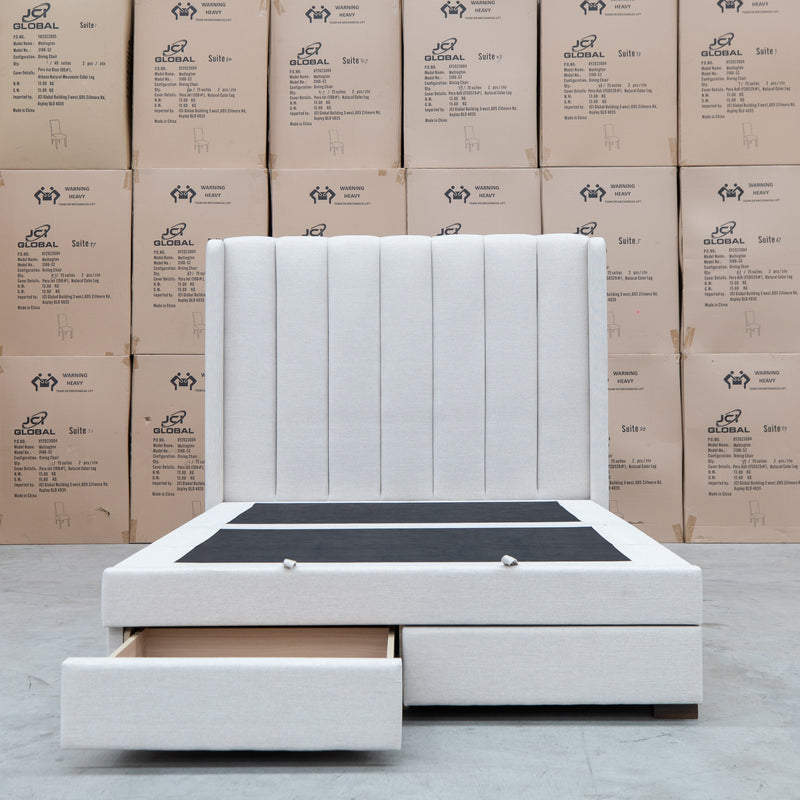 The Chester King Fabric Gas Lift Storage Bed - Oat White available to purchase from Warehouse Furniture Clearance at our next sale event.