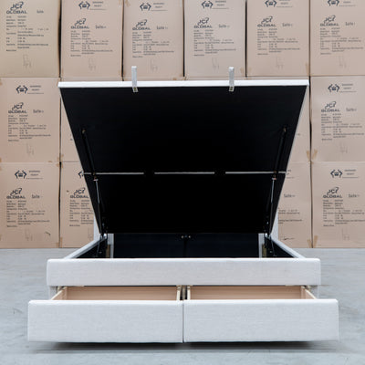 The Chester King Fabric Gas Lift Storage Bed - Oat White available to purchase from Warehouse Furniture Clearance at our next sale event.