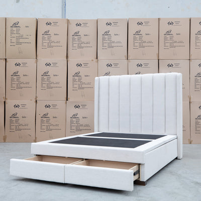 The Chester King Fabric Gas Lift Storage Bed - Oat White available to purchase from Warehouse Furniture Clearance at our next sale event.