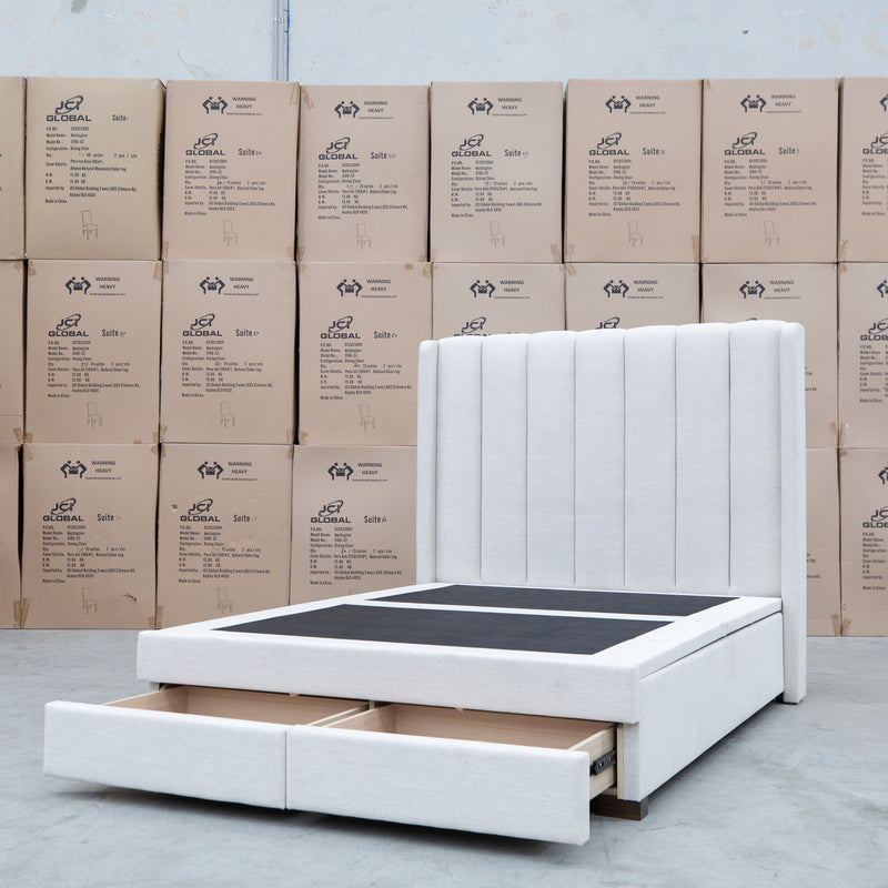 The Chester King Fabric Gas Lift Storage Bed - Oat White available to purchase from Warehouse Furniture Clearance at our next sale event.