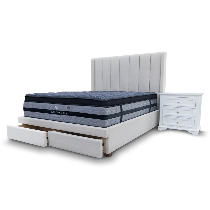 The Chester Queen Fabric Storage Bed - Oat White available to purchase from Warehouse Furniture Clearance at our next sale event.