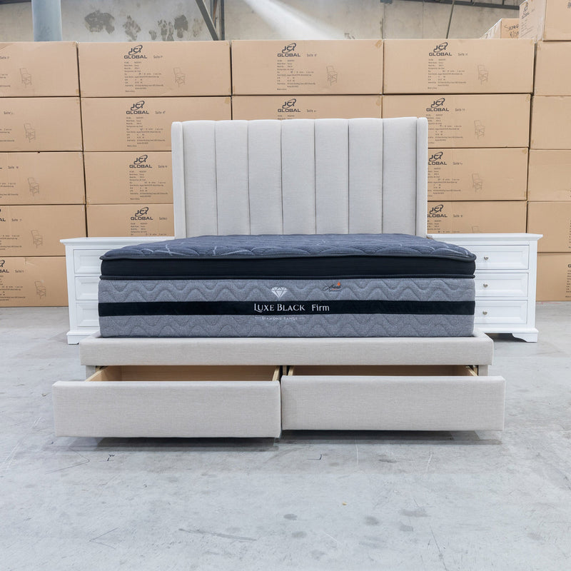 The Chester Queen Fabric Storage Bed - Oat White available to purchase from Warehouse Furniture Clearance at our next sale event.