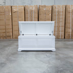 The Christie White Timber Blanket Box available to purchase from Warehouse Furniture Clearance at our next sale event.