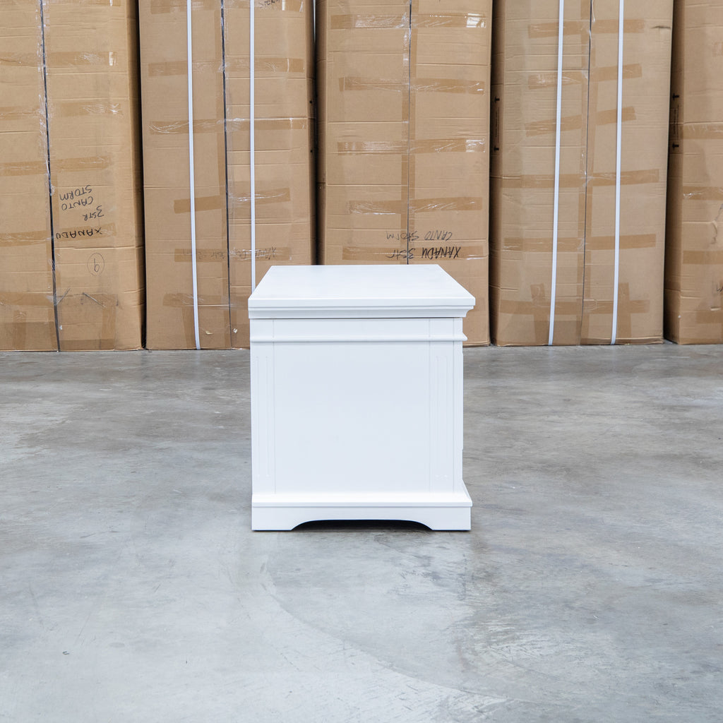 The Christie White Timber Blanket Box available to purchase from Warehouse Furniture Clearance at our next sale event.