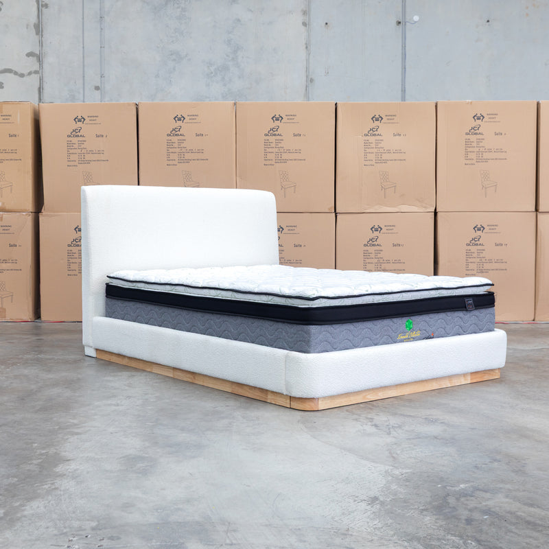The Clara Queen Upholstered Bed with Solid Timber Plinth - Cream