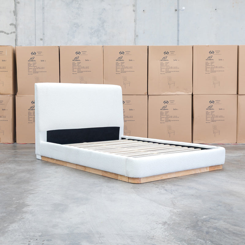 The Clara Queen Upholstered Bed with Solid Timber Plinth - Cream