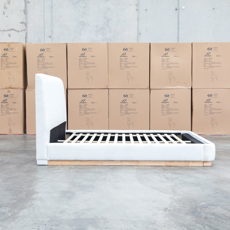 The Clara Queen Upholstered Bed with Solid Timber Plinth - Cream