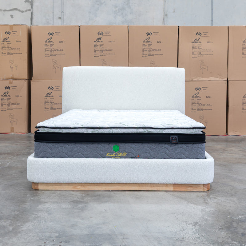 The Clara Queen Upholstered Bed with Solid Timber Plinth - Cream