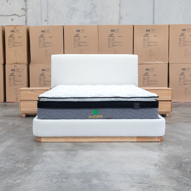The Clara Queen Upholstered Bed with Solid Timber Plinth - Cream