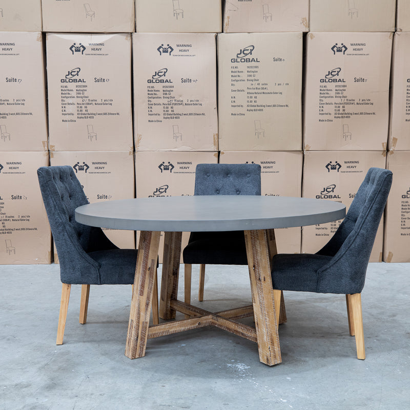 The Cleo 150cm Round Dark Concrete Dining Table available to purchase from Warehouse Furniture Clearance at our next sale event.