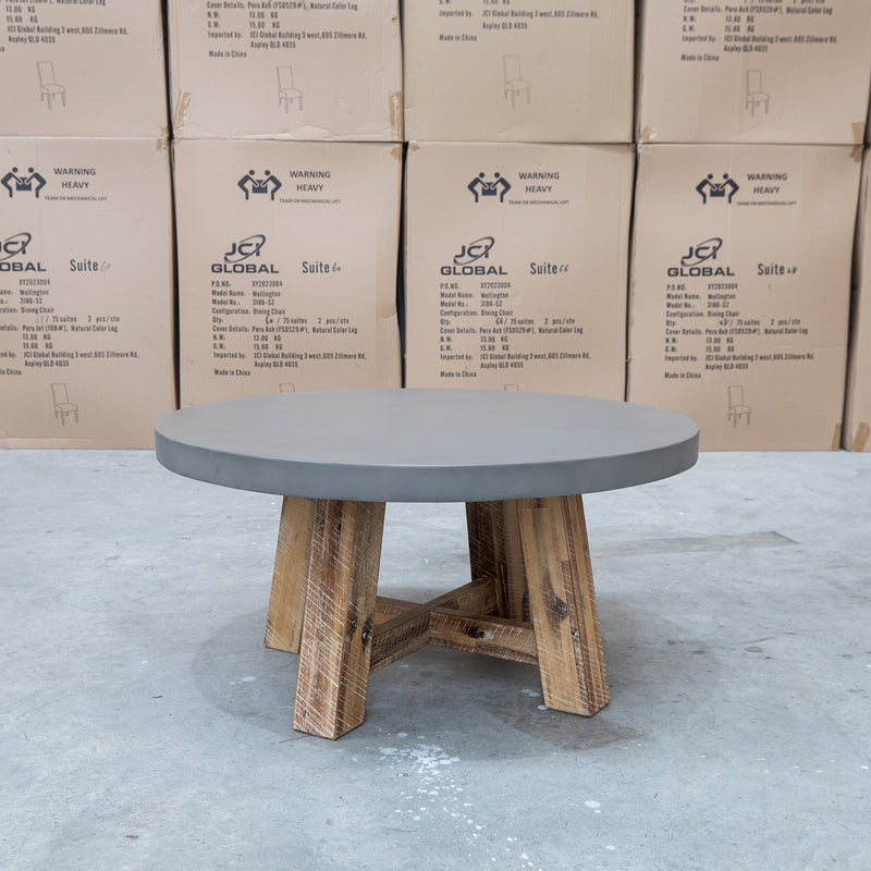 The Cleo Round Dark Concrete & Acacia Timber Coffee Table available to purchase from Warehouse Furniture Clearance at our next sale event.