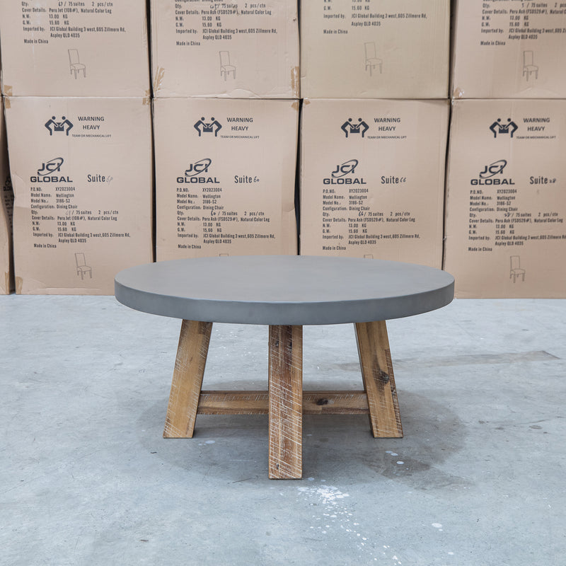 The Cleo Round Dark Concrete & Acacia Timber Coffee Table available to purchase from Warehouse Furniture Clearance at our next sale event.