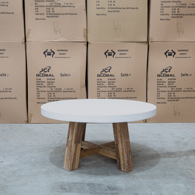 The Cleo Round White Concrete & Acacia Timber Coffee Table available to purchase from Warehouse Furniture Clearance at our next sale event.