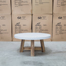 The Cleo Round White Concrete & Acacia Timber Coffee Table available to purchase from Warehouse Furniture Clearance at our next sale event.
