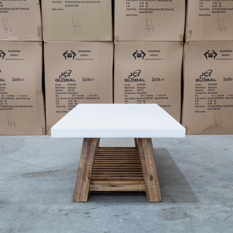 The Cleo Rectangle White Concrete & Acacia Timber Coffee Table available to purchase from Warehouse Furniture Clearance at our next sale event.