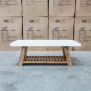 The Cleo Rectangle White Concrete & Acacia Timber Coffee Table available to purchase from Warehouse Furniture Clearance at our next sale event.