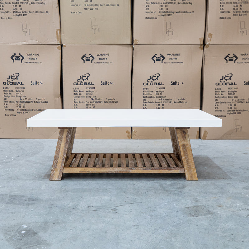 The Cleo Rectangle White Concrete & Acacia Timber Coffee Table available to purchase from Warehouse Furniture Clearance at our next sale event.