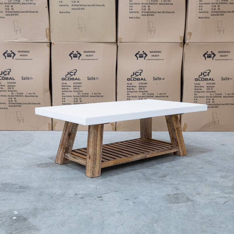 The Cleo Rectangle White Concrete & Acacia Timber Coffee Table available to purchase from Warehouse Furniture Clearance at our next sale event.