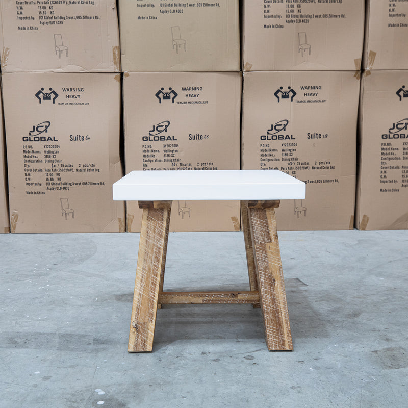 The Cleo White Concrete & Acacia Timber Lamp Table available to purchase from Warehouse Furniture Clearance at our next sale event.