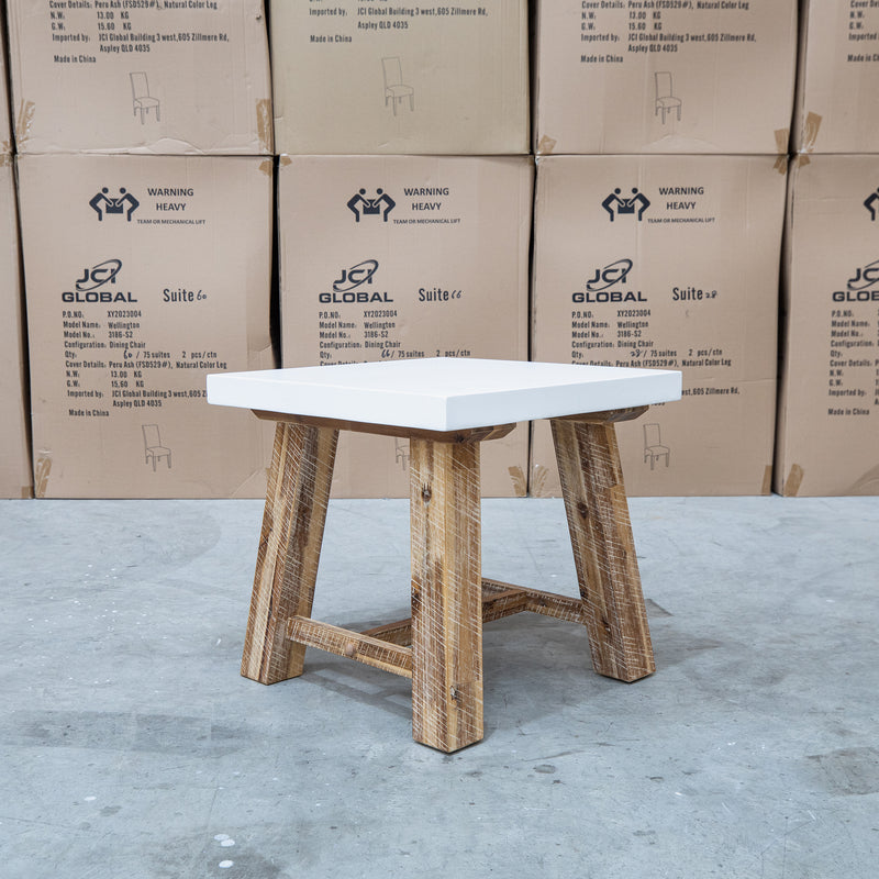 The Cleo White Concrete & Acacia Timber Lamp Table available to purchase from Warehouse Furniture Clearance at our next sale event.
