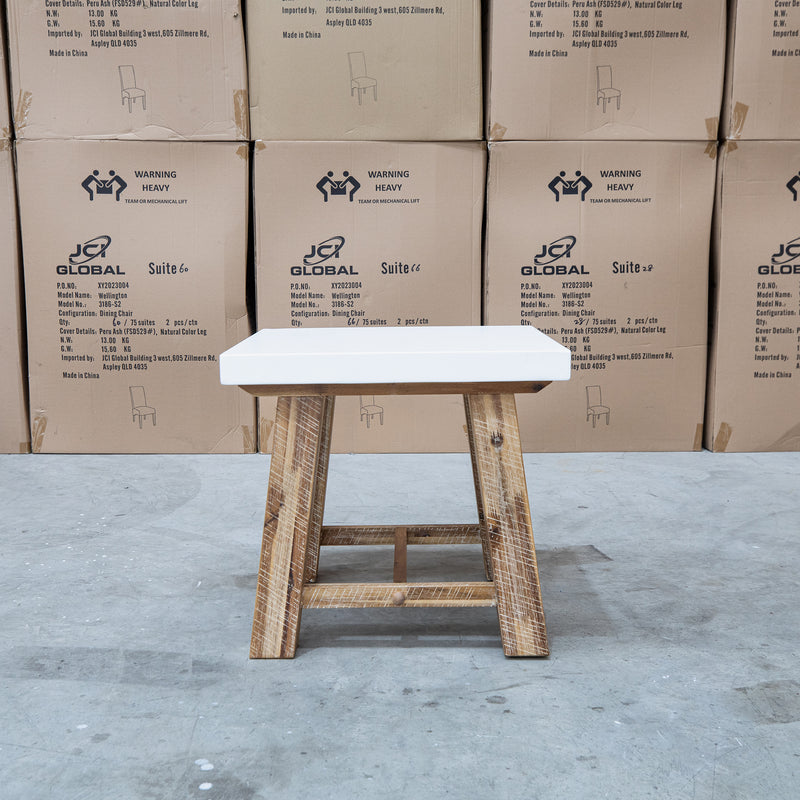 The Cleo White Concrete & Acacia Timber Lamp Table available to purchase from Warehouse Furniture Clearance at our next sale event.