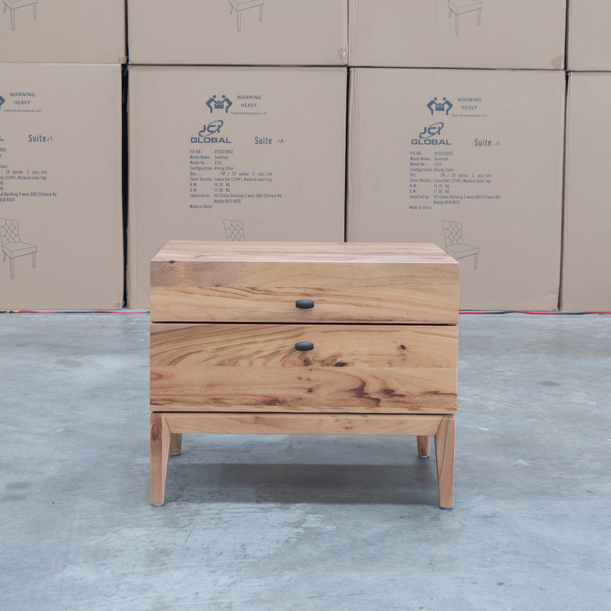 The Clunes Two Drawer Camphor Timber Bedside available to purchase from Warehouse Furniture Clearance at our next sale event.