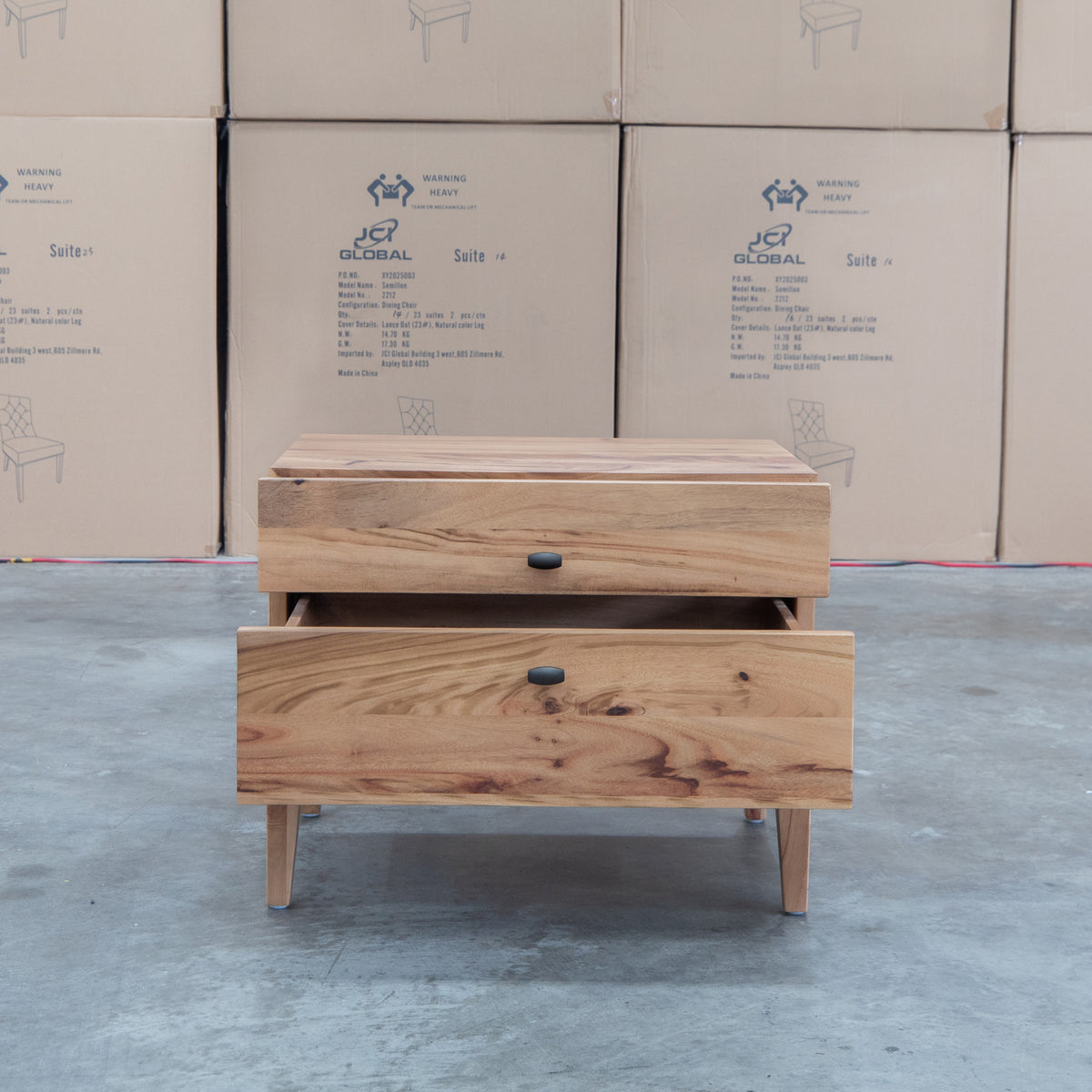 The Clunes Two Drawer Camphor Timber Bedside available to purchase from Warehouse Furniture Clearance at our next sale event.
