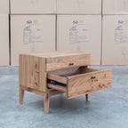 The Clunes Two Drawer Camphor Timber Bedside available to purchase from Warehouse Furniture Clearance at our next sale event.