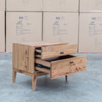 The Clunes Two Drawer Camphor Timber Bedside available to purchase from Warehouse Furniture Clearance at our next sale event.