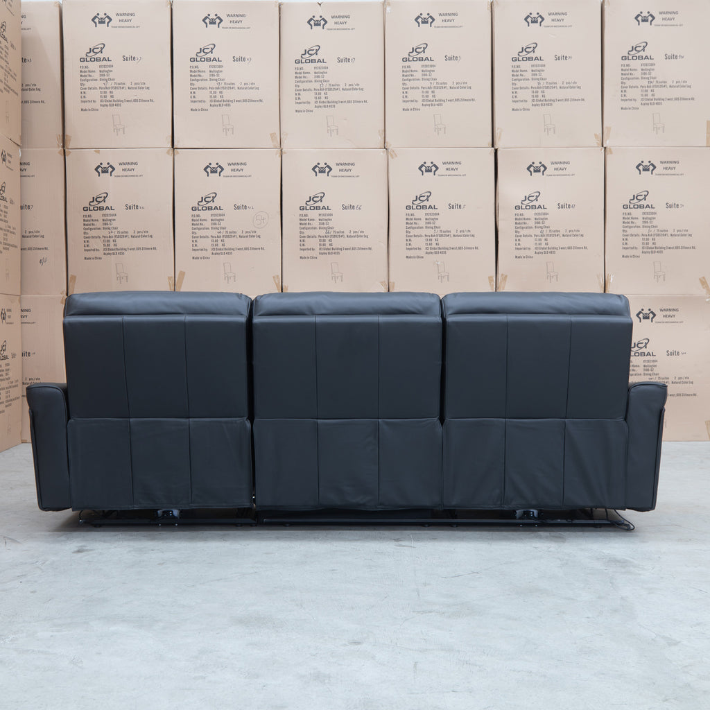 The Cobble Electric Three Seat Leather Recliner Lounge - Black available to purchase from Warehouse Furniture Clearance at our next sale event.