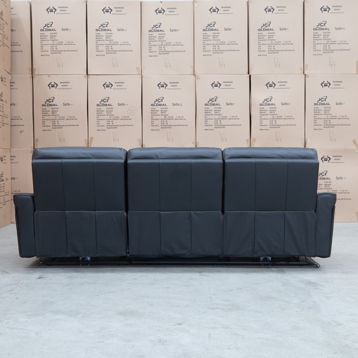 The Cobble Electric Three Seat Leather Recliner Lounge - Black available to purchase from Warehouse Furniture Clearance at our next sale event.