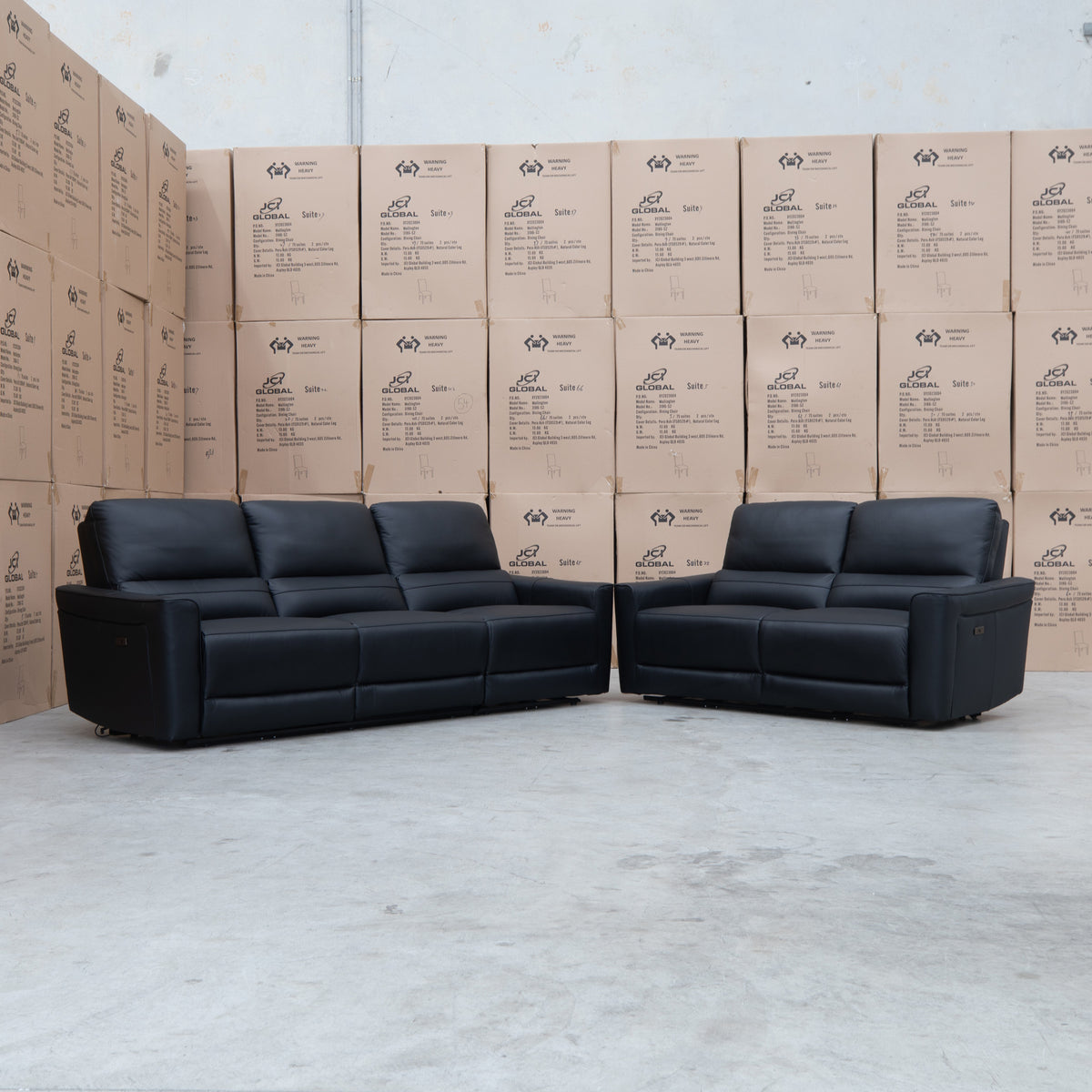 The Cobble Electric Three Seat Leather Recliner Lounge - Black available to purchase from Warehouse Furniture Clearance at our next sale event.