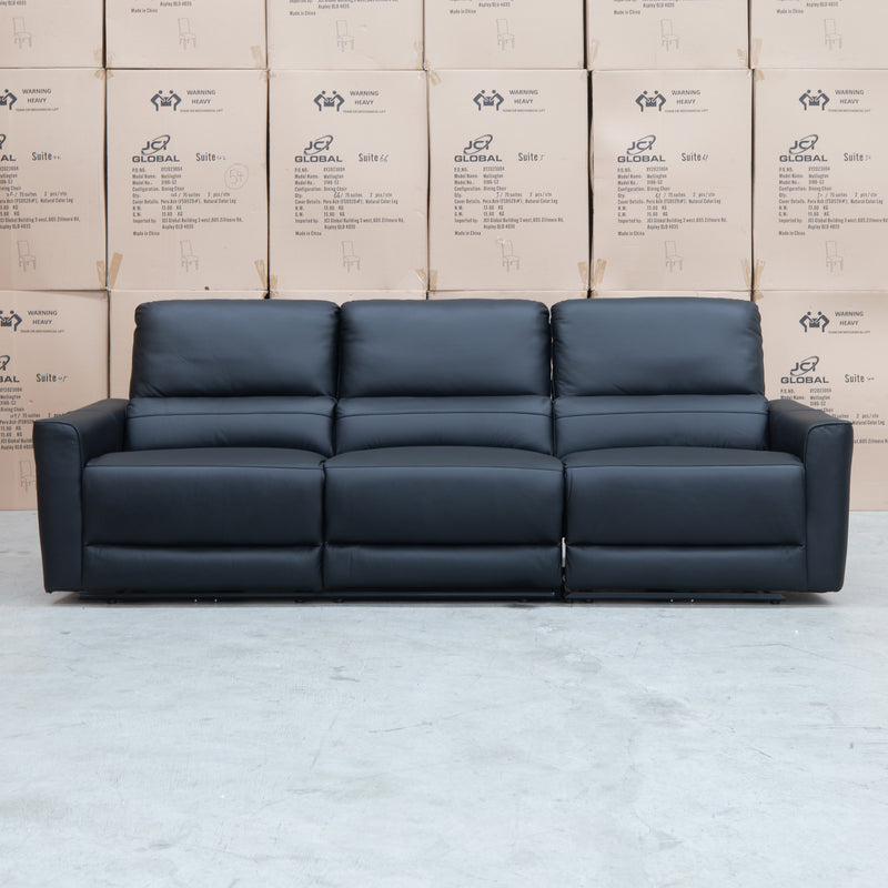 The Cobble Electric Three Seat Leather Recliner Lounge - Black available to purchase from Warehouse Furniture Clearance at our next sale event.