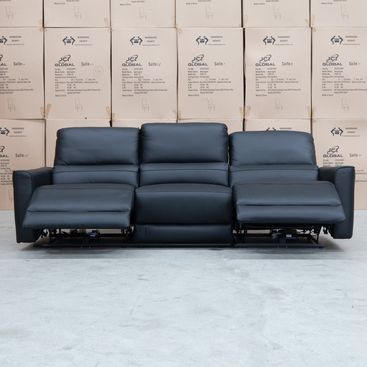 The Cobble Electric Three Seat Leather Recliner Lounge - Black available to purchase from Warehouse Furniture Clearance at our next sale event.