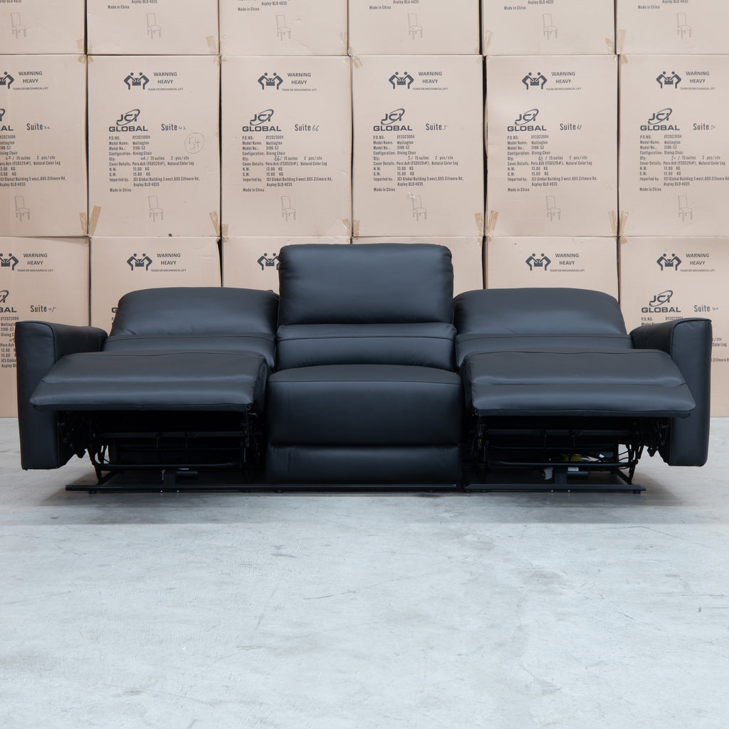 The Cobble Electric Three Seat Leather Recliner Lounge - Black available to purchase from Warehouse Furniture Clearance at our next sale event.