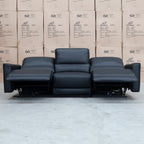 The Cobble Electric Three Seat Leather Recliner Lounge - Black available to purchase from Warehouse Furniture Clearance at our next sale event.
