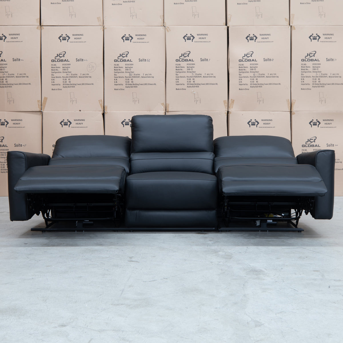 The Cobble Electric Three Seat Leather Recliner Lounge - Black available to purchase from Warehouse Furniture Clearance at our next sale event.