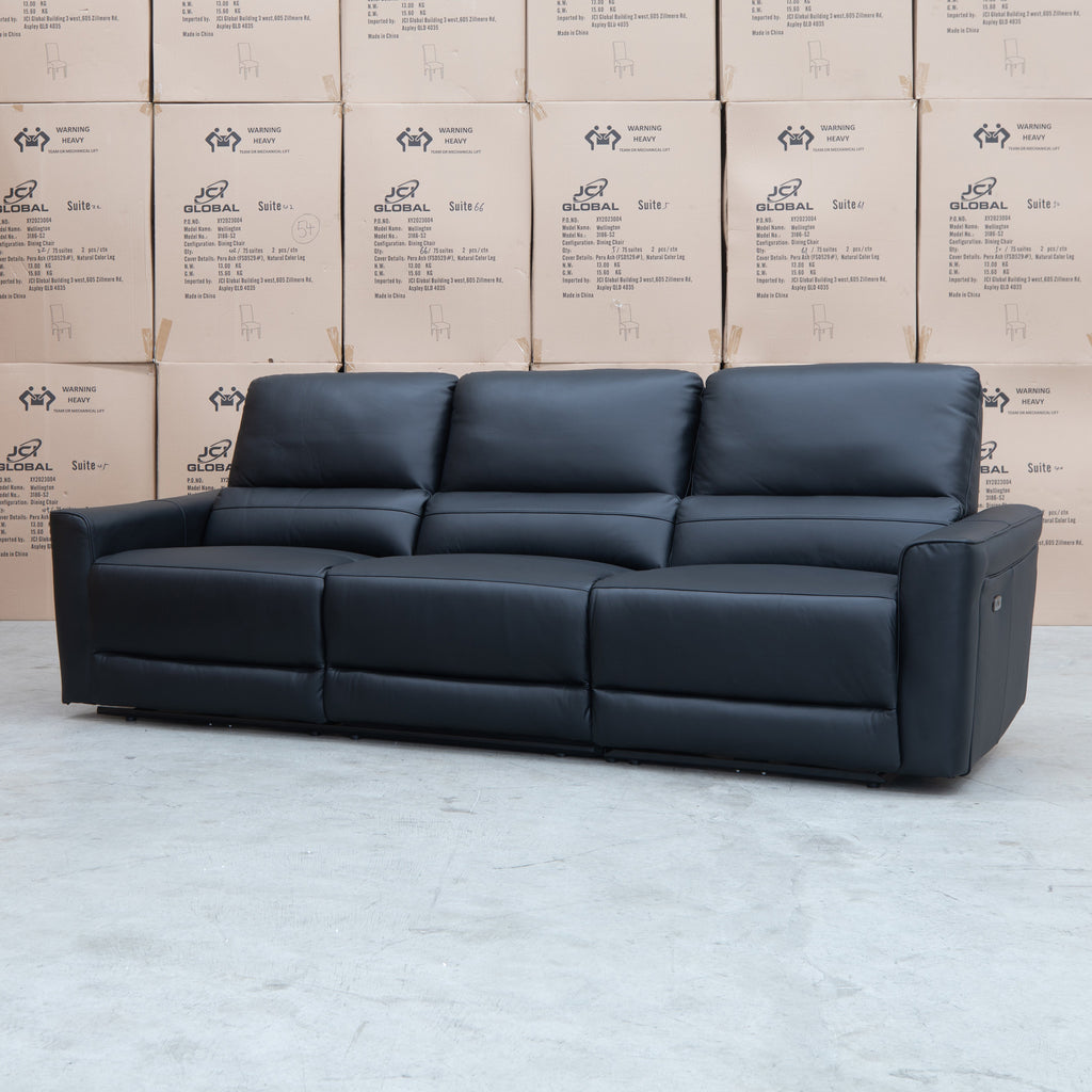 The Cobble Electric Three Seat Leather Recliner Lounge - Black available to purchase from Warehouse Furniture Clearance at our next sale event.