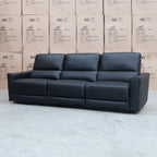 The Cobble Electric Three Seat Leather Recliner Lounge - Black available to purchase from Warehouse Furniture Clearance at our next sale event.