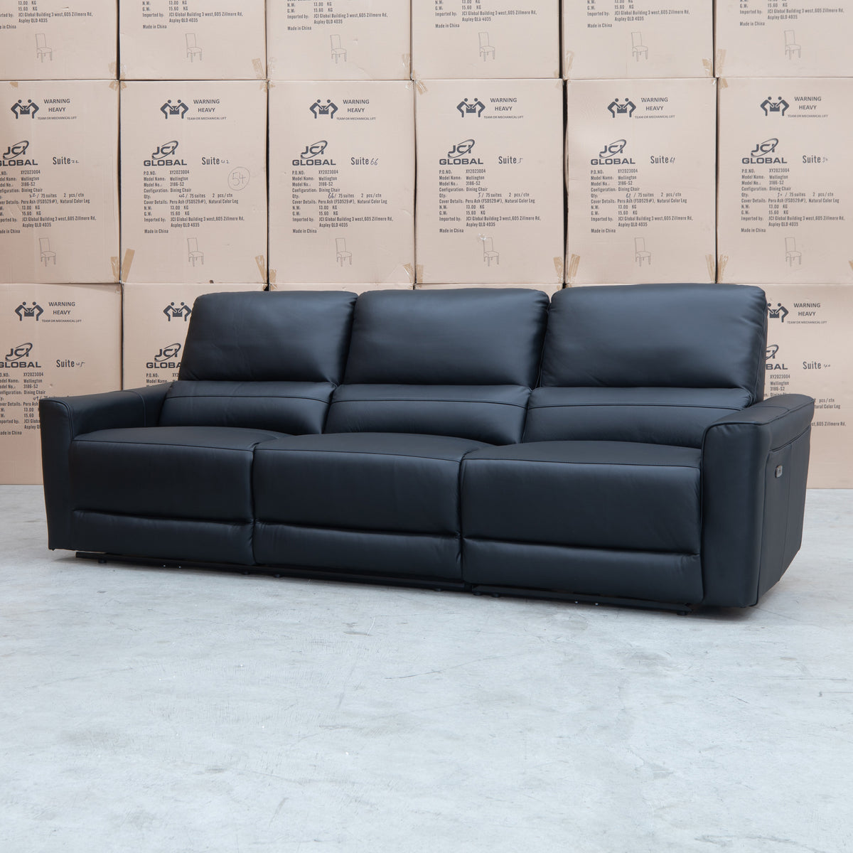 The Cobble Electric Three Seat Leather Recliner Lounge - Black available to purchase from Warehouse Furniture Clearance at our next sale event.