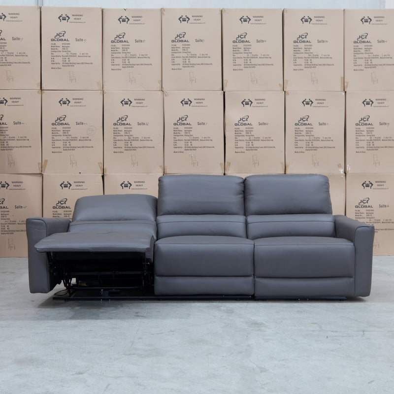 The Cobble Electric Three Seat Leather Recliner Lounge - Storm available to purchase from Warehouse Furniture Clearance at our next sale event.