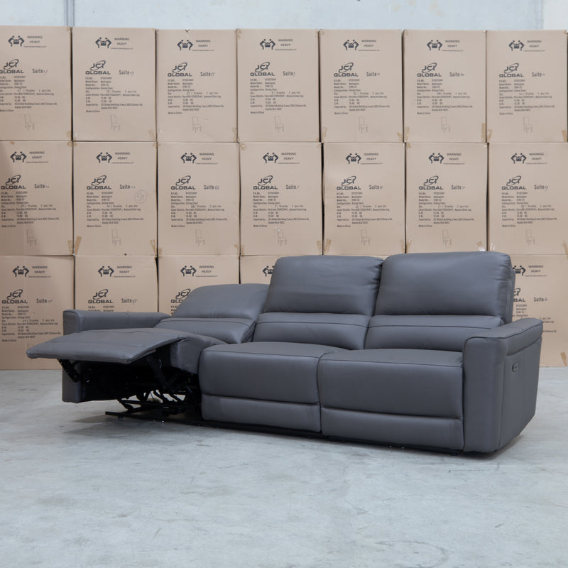 The Cobble Electric Three Seat Leather Recliner Lounge - Storm available to purchase from Warehouse Furniture Clearance at our next sale event.