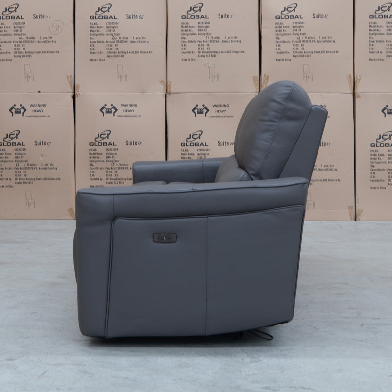 The Cobble Electric Three Seat Leather Recliner Lounge - Storm available to purchase from Warehouse Furniture Clearance at our next sale event.