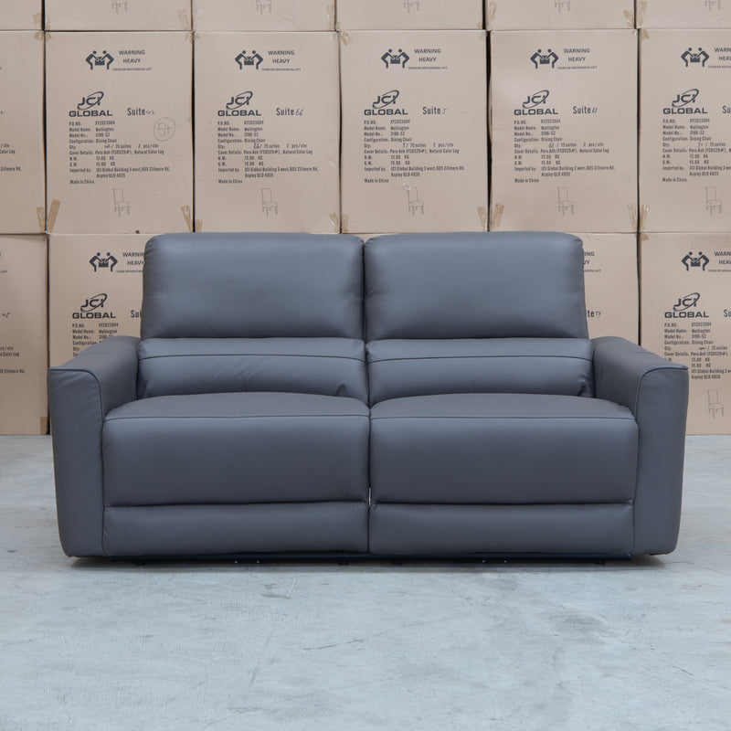 The Cobble Electric Two Seat Leather Recliner Lounge - Storm available to purchase from Warehouse Furniture Clearance at our next sale event.