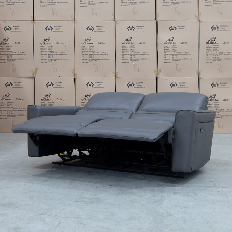 The Cobble Electric Two Seat Leather Recliner Lounge - Storm available to purchase from Warehouse Furniture Clearance at our next sale event.