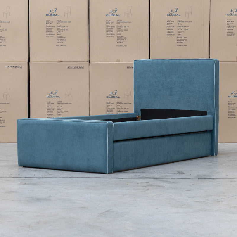 The Coco Single Fabric Trundle Bed - Teal (Reversible Trundle) available to purchase from Warehouse Furniture Clearance at our next sale event.