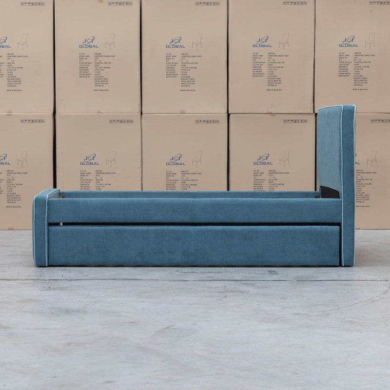 The Coco Single Fabric Trundle Bed - Teal (Reversible Trundle) available to purchase from Warehouse Furniture Clearance at our next sale event.