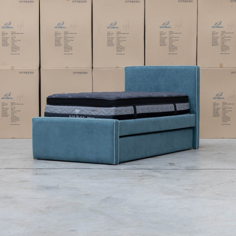 The Coco Single Fabric Trundle Bed - Teal (Reversible Trundle) available to purchase from Warehouse Furniture Clearance at our next sale event.