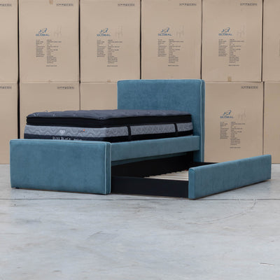 The Coco Single Fabric Trundle Bed - Teal (Reversible Trundle) available to purchase from Warehouse Furniture Clearance at our next sale event.