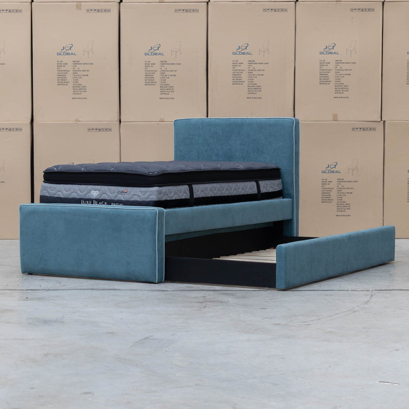 The Coco Single Fabric Trundle Bed - Teal (Reversible Trundle) available to purchase from Warehouse Furniture Clearance at our next sale event.